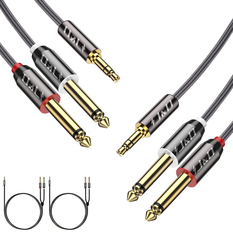 J&D 2-Pack 3.5mm 1/8 in TRS Male to Dual 6.35mm 1/4 in TS Male Mono Stereo Y-Cable Splitter for Amplifier/Mixer Speaker/Laptop, Nylon Braid, Gold Plated Copper Shell, 9 Feet - Image 1